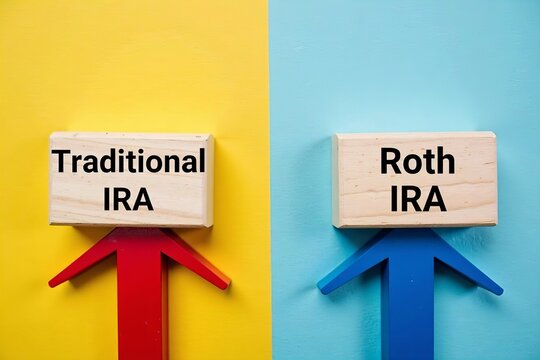 Comparing Traditional IRA and Roth IRA with Red and Blue Directional Arrows and Wooden Blocks