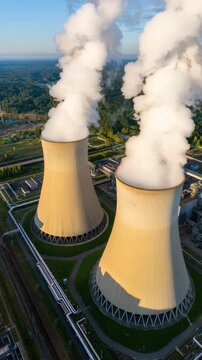 Cooling towers at modern thermal power plant, critical infrastructure grid stability, peak load balancing, strategic electricity reserves, energy independence, regional integration, system security
