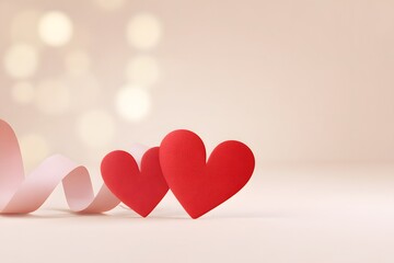 Simple background design with red hearts and ribbon suitable for Valentines Day celebrations
