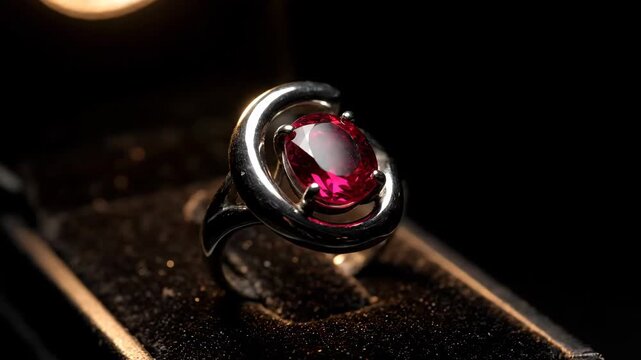 Close up of ruby ring set inside a velvet presentation box