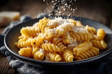 Golden Fusilli Pasta in Rustic Ceramic Bowl with Grated Parmesan Sprinkling and Chiaroscuro Lighting
