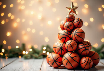 Christmas tree made of many basketball balls on a light background with garlands and bokeh, copy space