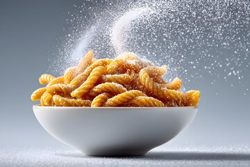Close-up of Fresh Italian Golden Fusilli Pasta in White Bowl with Falling Grated Parmesan Cheese