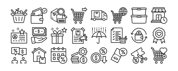 Shopping icon collection. Containing design Grocery, Groceries, Wallet, Barcode, Trolley	