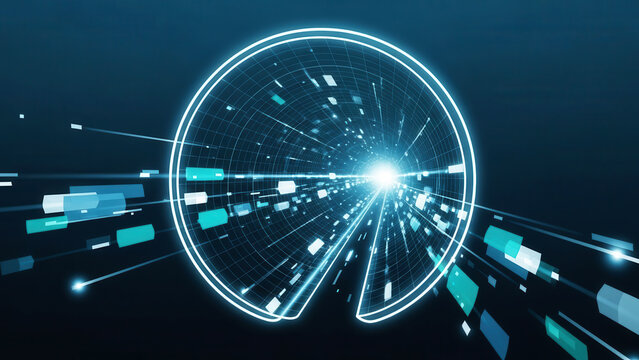 Futuristic circular data visualization hub with glowing blue network connections and digital interface - Powered by Adobe