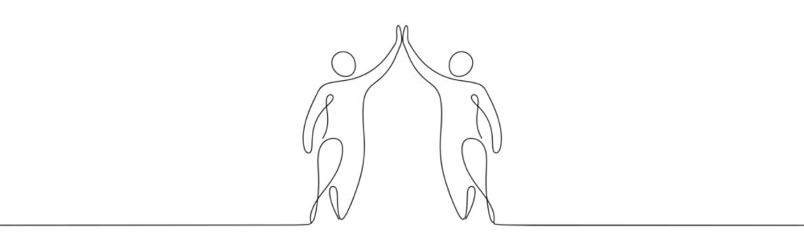 Continuous one line drawing of two people giving a high five, celebrating success or partnership