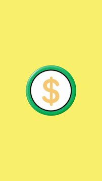 3D spinning animation of a dollar coin with a green border isolated yellow background
