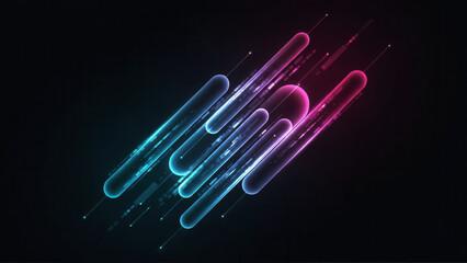 Vibrant glowing neon light trails in blue and pink swirling motion against dark background
