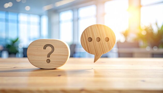 Two wooden symbols, a question mark and emoticon, on a table in a bright office environment viewed from the side.