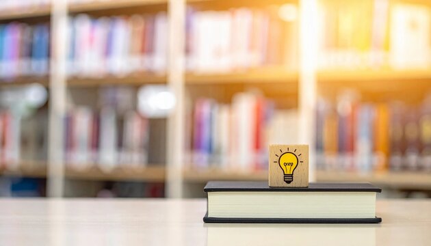 A lightbulb on top of a book in a library with bookshelves in the background viewed from the front
