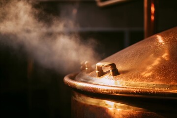 Obraz premium Copper brew kettle steaming in warm industrial atmosphere – craft brewing process 