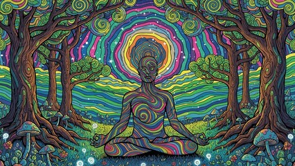 Obraz premium Colorful illustration of a meditating figure surrounded by trees 