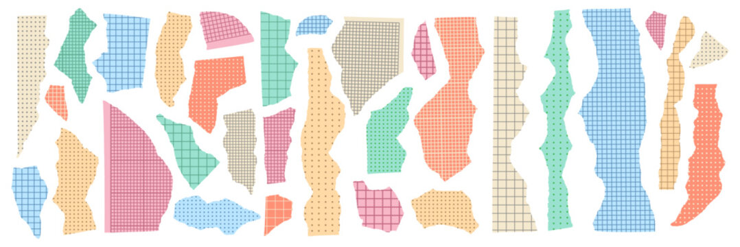 Ripped checkered paper fragments with grid texture. Multicolor scrap paper bits on millimeter pattern. Damaged page cutout background
