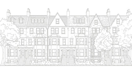 Obraz premium Detailed black and white line art illustration of traditional terraced townhouses with trees along the street