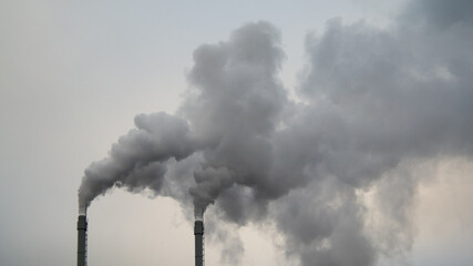 smoke coming from the factory chimneys against a gray sky