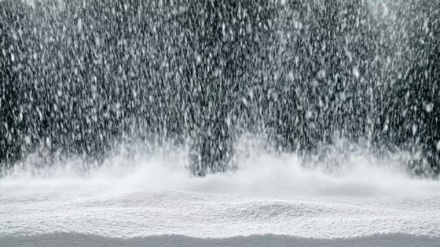 Snow fall transition and heavy blizzard accumulation on dark background for visual effects and cinematic motion graphics