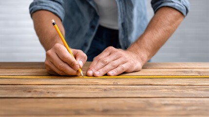 Male carpenter in denim shirt is measuring and marking a wooden surface with a yellow pencil during a woodworking project in a bright indoor workspace with natural light