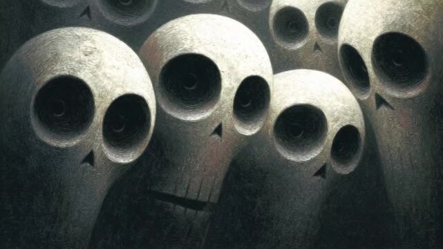 Stylized skull faces with large hollow eye sockets close-up dark macabre art death horror concept gothic creepy haunting imagery spooky Halloween decoration theme

