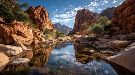 Majestic canyon landscape features towering red rock formations and a calm stream reflecting the blue sky in a bright desert wilderness area.