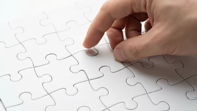 Close up of a hand placing the final white puzzle piece into a nearly complete jigsaw puzzle on a bright surface