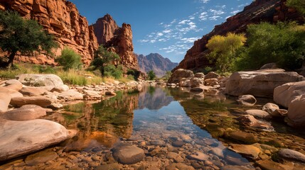 Obraz premium Majestic canyon landscape features towering red rock formations and a calm stream reflecting the blue sky in a bright desert wilderness area.