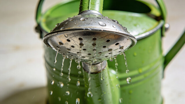 Macro close-up of water droplets falling from green watering can spout - Powered by Adobe