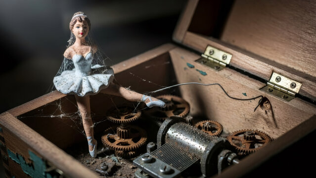 Broken ballerina music box with cobwebs and dust symbolizing faded love and lost dreams. Old, rusty toy for loneliness and separation concepts.