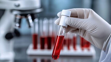 doctor or laboratory technician in medical gloves holding blood test tube against background of analysis samples in clinical laboratory healthcare concept copy space