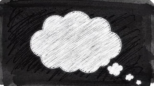 Animated chalkboard thought bubble with white hand drawn sketch lines and black background motion footage