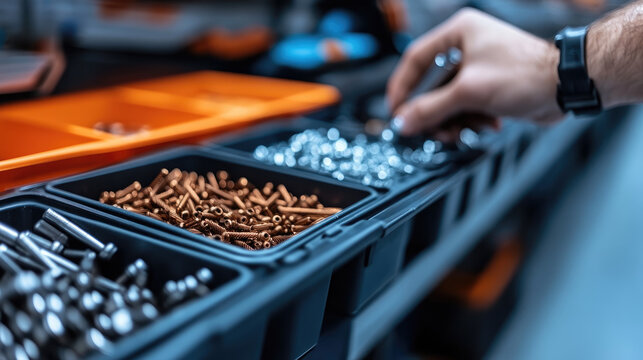 customer picking up bolts on shelf in hardware store, blurred background