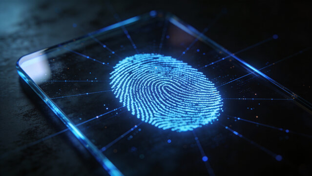 Glowing Blue Digital Fingerprint on Smartphone Security Screen