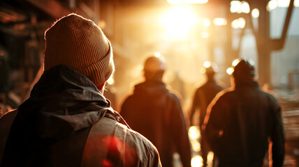 Fototapeta premium A group of workers are walking in a construction area, illuminated by strong sunlight, creating silhouettes and an industrial atmosphere.