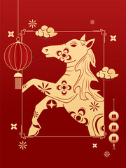 Fototapeta premium Happy Chinese new year 2026 , modern design set in red, gold and white colors , Year of the horse zodiac , Asia oriental traditional ornament, frame and border , 