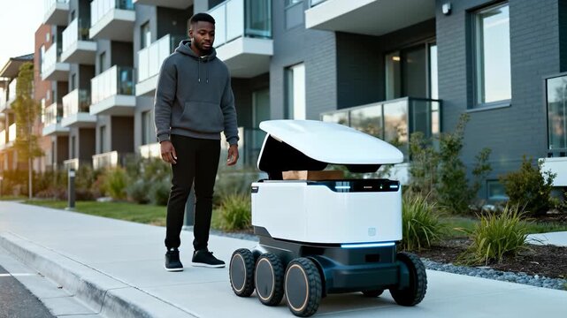 Man retrieves a package from an autonomous delivery robot on a sidewalk in front of modern apartment buildings during the day