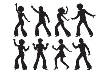 A vibrant collection of disco dancer silhouettes grooving to the rhythm of the 70s era party
