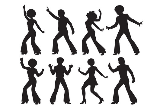 A vibrant collection of disco dancer silhouettes grooving to the rhythm of the 70s era party
