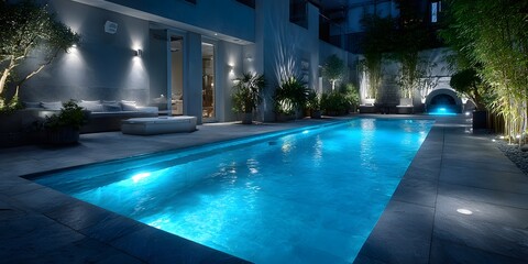 Modern luxury swimming pool at night features underwater blue LED lighting, sleek stone deck, and manicured bamboo landscaping in background.