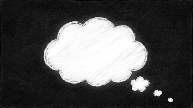 Chalk style hand drawn white thinking bubble appearing on black chalkboard background with sketchy texture and stop motion animation effect