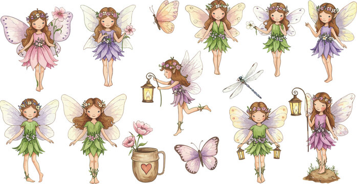 Whimsical illustration of multiple fairies in various poses with flowers and butterflies