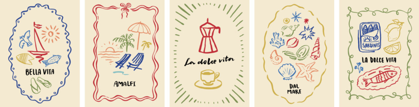 Summer beach vacation posters. Whimsical retro Italy sketches. Abstract minimalist shell bg. Vintage coffee wall art. Mediterranean coastal dining doodle elements, citrus fruits, yacht, bird and fish