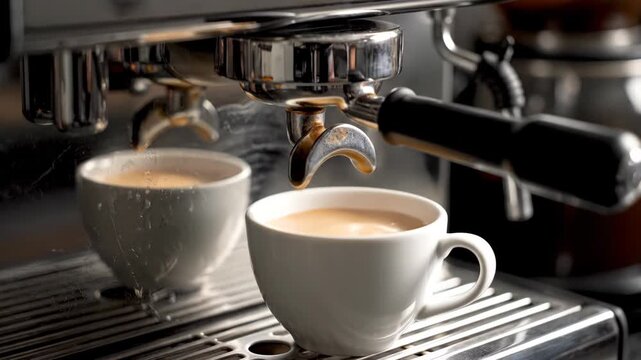 Espresso machine brewing coffee into two white ceramic cups