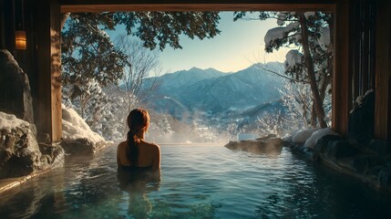 Fototapeta premium Rear view of a woman relaxing in an outdoor hot spring overlooking snowy mountains and winter forest with steam rising from the warm water.