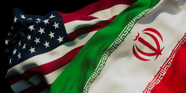 Flags of the United States and Iran waving together in a split display with contrasting colors and symbols