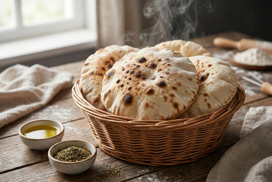 Basket of steaming hot Pita bread or Khubz. Essential side dish for Iftar meal. Generative AI.