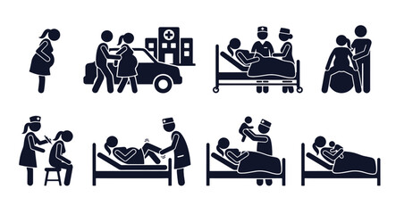 Childbirth and delivery icon set. Stick figure black silhouettes of labor, hospital arrival, breathing, epidural, pushing, delivery, skin-to-skin. Flat vector pictograms