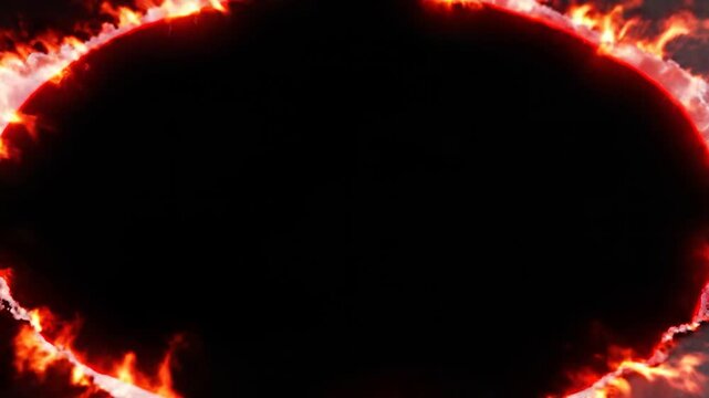 Burning paper hole transition with glowing fire edges and black background revealing cinematic darkness