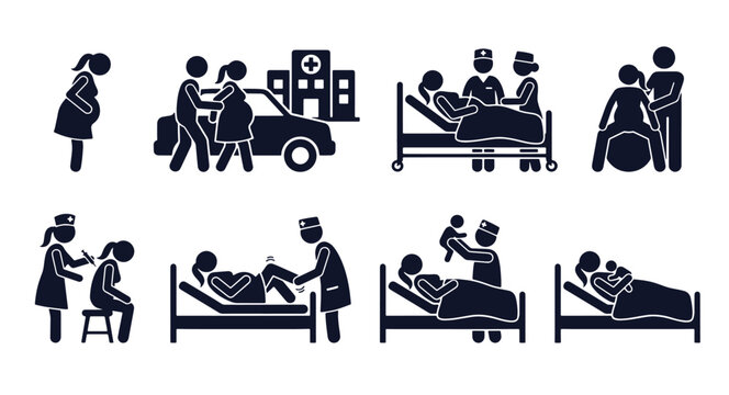 Childbirth and delivery icon set. Stick figure black silhouettes of labor, hospital arrival, breathing, epidural, pushing, delivery, skin-to-skin. Flat vector pictograms