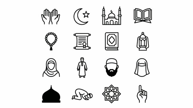 Islamic Culture Vector Icons Set &ndash; Mosque, Quran, Hijab, Prayer, Crescent Moon, Sujood, Tasbih, Tawhid Symbols &ndash; Religious Clipart for Education & Design