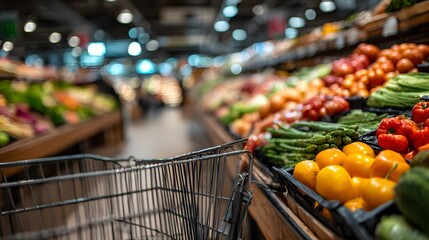 Supermarket aisle view from inside a shopping cart focuses on the handle and wire mesh with blurred fresh vegetables and fruits in background.