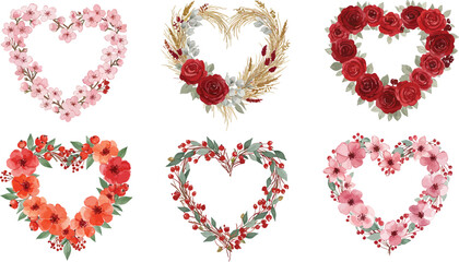 Six heart shaped floral wreaths in different colors and styles on white background